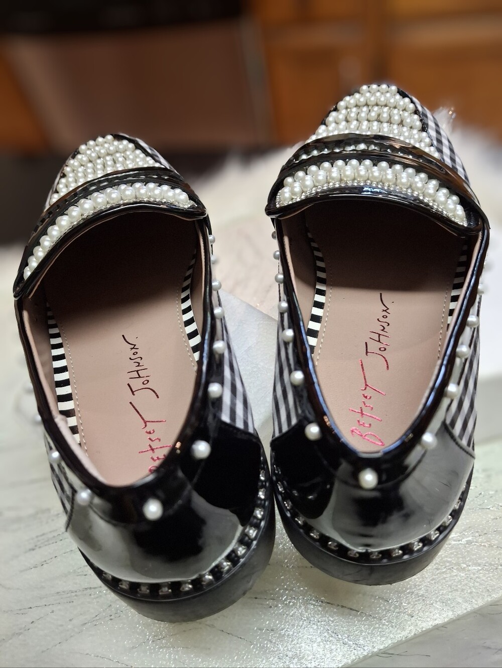 Betsey Johnson Darian Gingham Embellished Loafers Black & White Women Size 7 - Picture 13 of 16